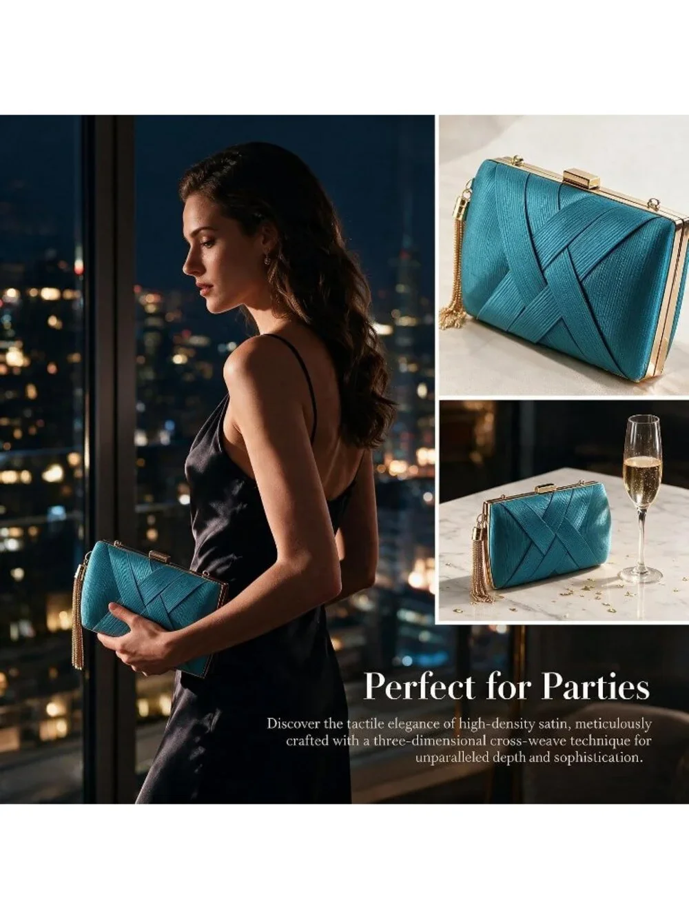 Women's Lake Blue Silk Satin Clutch Purse Pearl Tassel With Chain Evening Bag